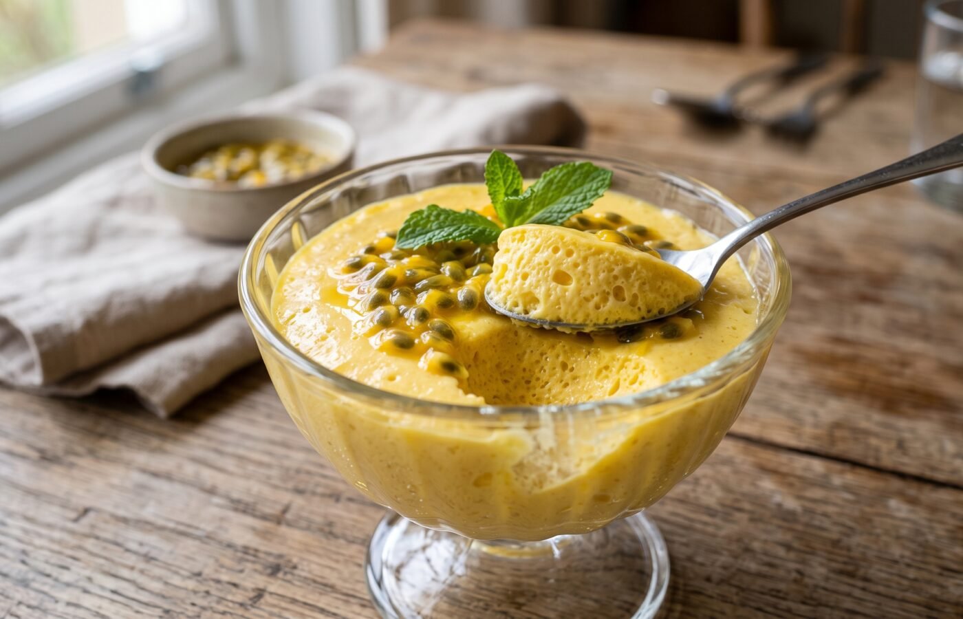 Mousse de maracujá aerada com sementes crocantes
