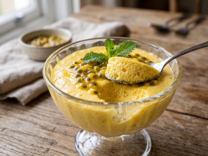 Mousse de maracujá aerada com sementes crocantes